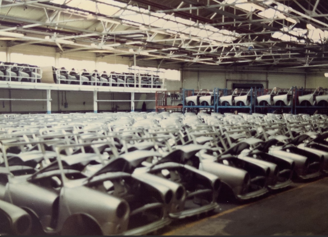Mini body shells awaiting the next stage of production at Speke No. 1 plant in 1982.